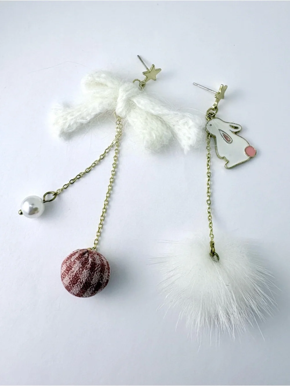 White Bunny & Pom-Pom Asymmetric Drop Earrings